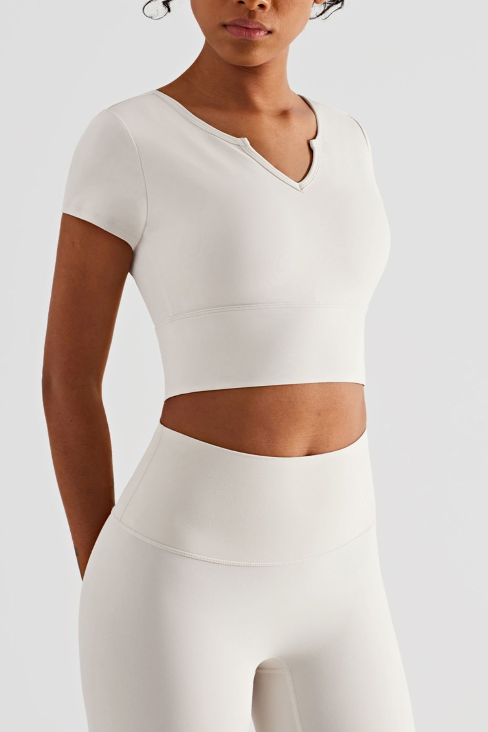 Notched Neck Short Sleeve Cropped Top