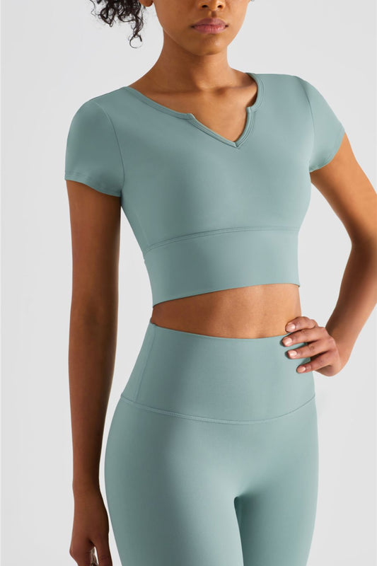 Notched Neck Short Sleeve Cropped Top