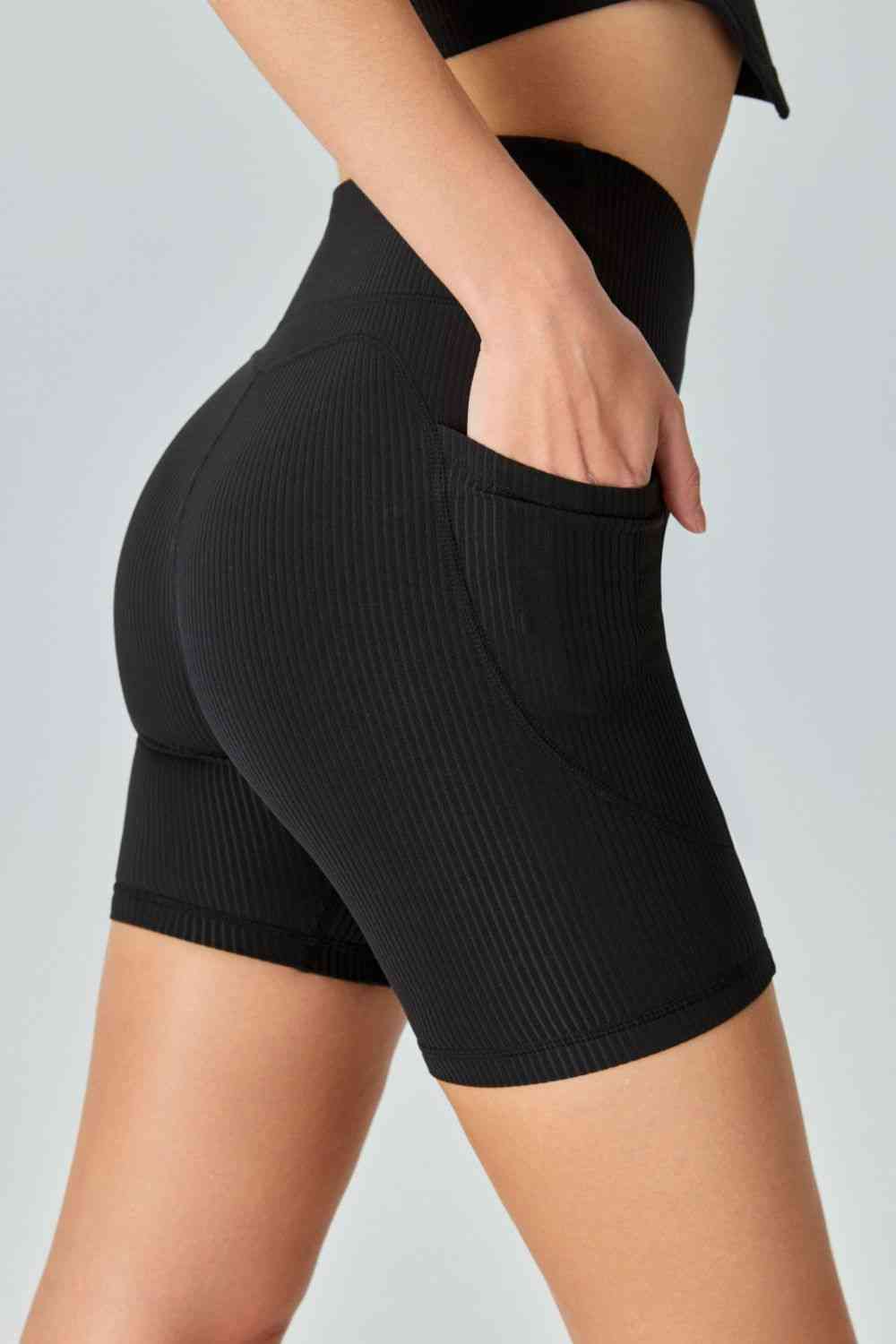 GlamFit V-Waist Ribbed Bike Shorts with Pockets