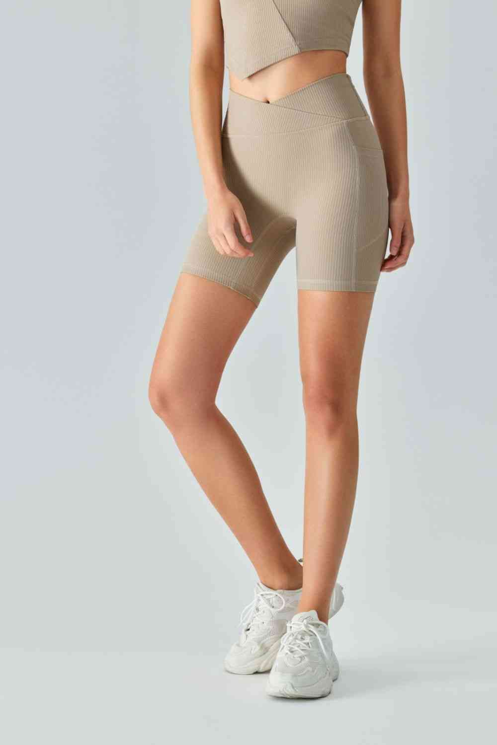 GlamFit V-Waist Ribbed Bike Shorts with Pockets