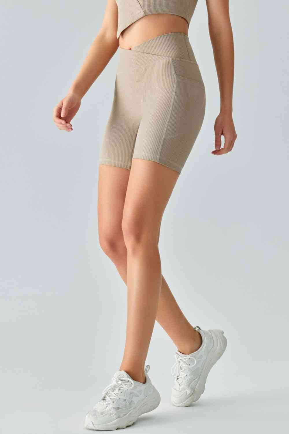 GlamFit V-Waist Ribbed Bike Shorts with Pockets